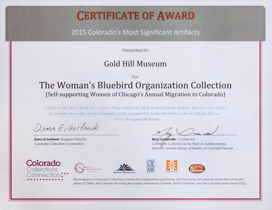 Certificate of Award 2015 Colorado's Most Significant Artifacts
